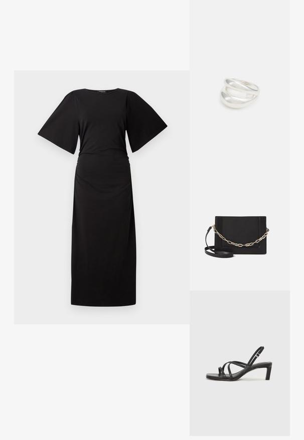 Juodas maksi suknelis su trumpomis, plačiomis rankovėmis ir sukurtu liemeniu. Pagamintas iš minkštos medžiagos, su paprastu, tiesiu siluetu.; Juodi šlepetės su kvadratiniu pirštu ir žemu bloku kulnu. Yra keli ploni dirželiai ir reguliuojamas kulkšnies diržas. Pagaminti iš lygios odos.; Juodas odinis per petį nešiojamas krepšys turi lygų paviršių, stačiakampio formą ir metalinę grandinėlę priekyje. Pridedama reguliuojama dirželis.; Sidabrinis dvigubas žiedas su lygiu, poliruotu paviršiumi. Pasižymi sklandžiu, kreiptu dizainu su persipinančiomis dalimis, suteikiančiomis modernų išvaizdą.