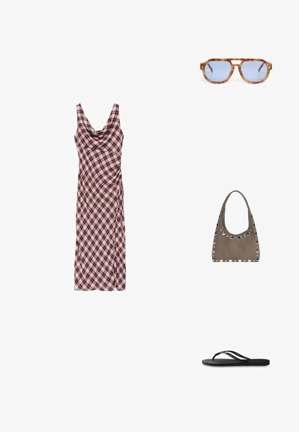 Mango Maxi-jurk - bordeaux; Zwarte flip-flop met een gestructureerde rubberen zool, twee slanke banden en een subtiele, ingedrukte logo-detail op de band.; Schildpadbril met blauwe lenzen, hoekig ontwerp, dikke rand en uitsparing voor de neusbrug; met een gouden accent op de poot.; PULL&BEAR SHOPPER - Shopper - grey