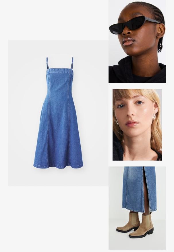 Robe en denim avec un corsage ajusté, des bretelles réglables, une jupe évasée, de couleur bleu moyen et des coutures visibles. Texture lisse.; Bottines en cuir suédé marron avec des panneaux latéraux élastiques et un talon bloc noir. Portées avec une jupe en denim bleu clair dotée d'une fente sur le côté.; Des lunettes de soleil noires en forme de chat avec une finition mate, arborant un design élégant et des bords légèrement arrondis, posées sur des vêtements sombres d'un mannequin.; Pilgrim ASHER RECYCLED EARRINGS - Boucles d'oreilles - silver-coloured