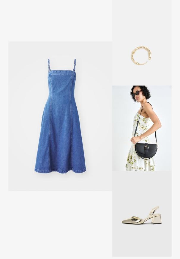 Vestido de mezclilla con un cuerpo ajustado, tirantes ajustables, falda acampanada, color azul medio y costuras visibles. Textura suave.; Tacones slingback metálicos dorados con punta afilada y tacón grueso. Textura suave, diseño minimalista y una correa estrecha.; Bolso de piel negra con forma curva, correa desmontable y herrajes dorados. El bolso cuenta con una solapa con un detalle de hebilla.; Anillo en tono dorado con un diseño orgánico y retorcido, con una textura suave y extremos cónicos, creando una apariencia moderna y escultórica.