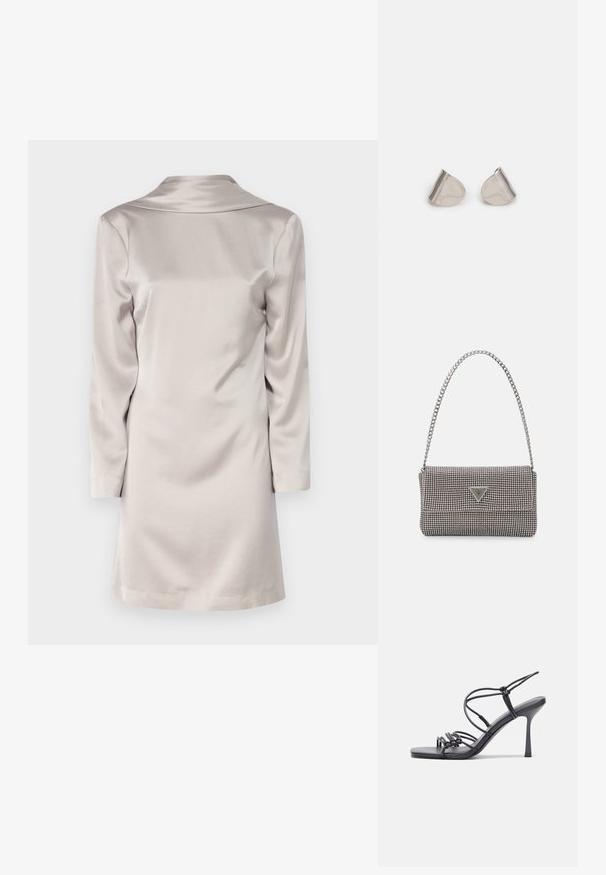 Satiinkleit heles beežis, millel on krae, pikad varrukad ja sirge lõikega. Sile tekstuur ja minimlistlik disain.; Mustad musta värvi kontsandaalid on varustatud peente rihmadega, millel on sõlmekujundus, siledad ruudukujulised varbad ja stiilne stilettokonts.; Helehall metallik handbags, millel on kett, kaunistatud väikeste ümmarguste metallist õmblustega ja kolmnurkse brändi logoga.; Hõbedased metallkõrvarõngad sujuva pisarakuju ja poleeritud viimistlusega. Diskreetne graveering lisab detaile. Minimalistlik disain.
