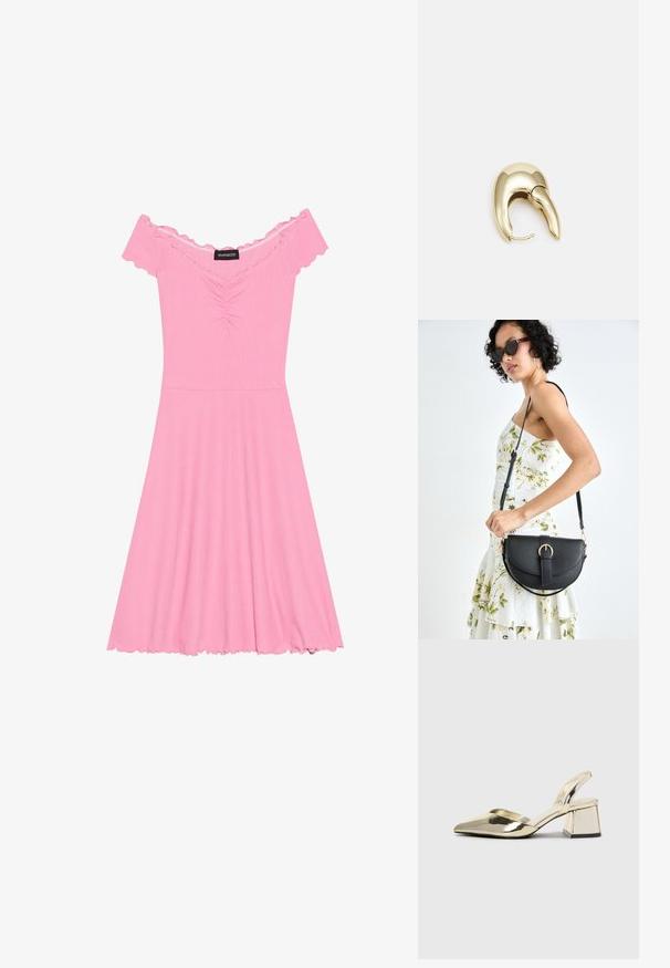 Rosa schulterfreies Kleid aus geripptem Stoff, mit gerafftem Oberteil, ausgestelltem Rock und Rüschen an Ärmeln und Saum.; Goldene, metallische Slingback-Absätze mit spitzem Zeh und dicker Ferse. Glatte Textur, minimalistisches Design und ein schmaler Riemen.; Schwarze Lederhandtasche mit geschwungener Form, abnehmbarem Tragegurt und goldenen Beschlägen. Die Tasche verfügt über einen Deckel mit einer Schnallen-Details.; Ohrringe aus goldfarbenem Metall mit einem schlanken, geschwungenen Design. Sie verfügen über eine markante, spitze Form, eine polierte Oberfläche und einen Scharnierverschluss.