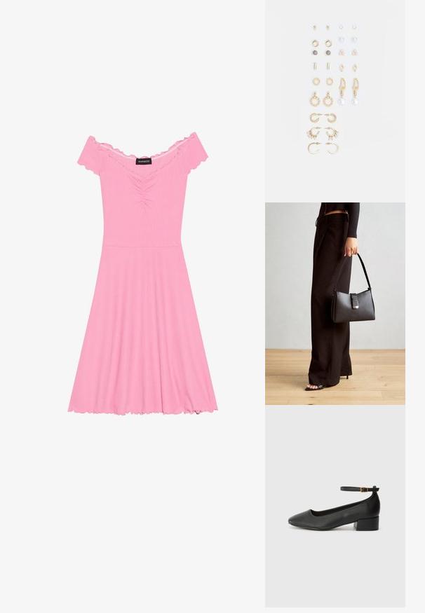 Rosa off-the-shoulder kjole laget av ribbestrikket stoff, med en ruchert bodice, utsvingt skjørt og volanger på ermer og kant.; Sorte skinnpumper med spiss tå og lav blokkhelt. Har ankelrem med gullfarget spenne. Glatt tekstur.; Svart håndveske med strukturert form, jevn tekstur og metallisk lås. Kombinert med brede svarte bukser og sandaler med åpen tå på tregulv.; Sett med gullfargede øredobber med ulike design, inkludert stikkere, hoops og hengende deler med perler og rhinestones.