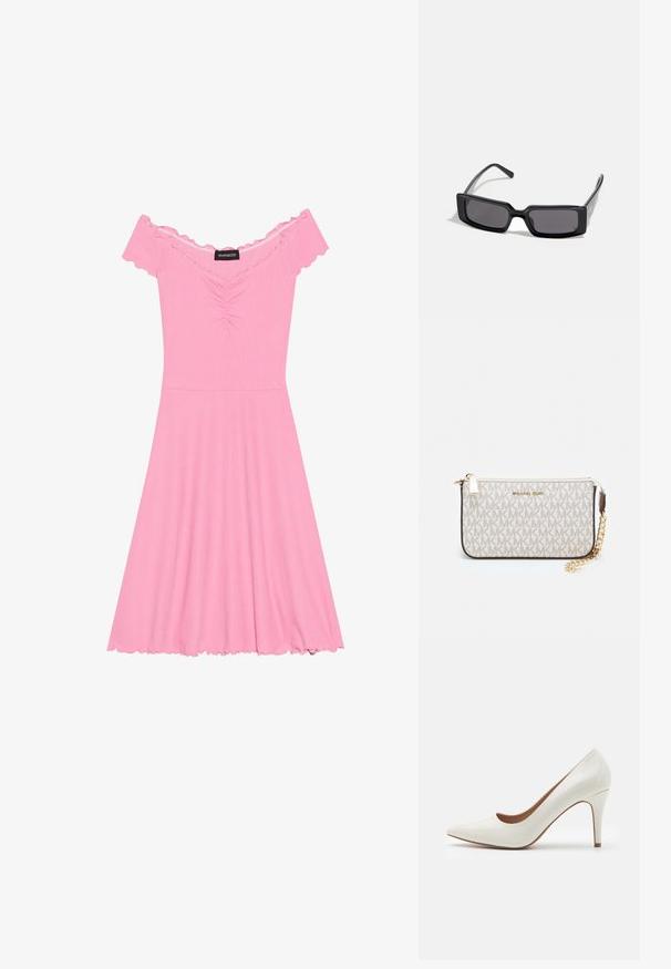 Roosa ühel õlal olev kleit, mis on valmistatud ribakudumist, omab volditud bahat ja volangidega serva varrukatel ja alläärmisel.; Valge patendi nahk kõrge kontsaga king, millel on terav nina ja sile pind, peenike konts ning madal lõige ava ümber.; Mustad mustakaitselise raami ja tumeda objektiiviga prillid, millel on sile ja läikiv viimistlus. Omab peeneid templeid, millel on külgedel tagasihoidlik bränding.; Michael Korsi randmevõru beige kaetud kangast, millel on korduv MK logo muster, kuldne riistvara ja eemaldatav ahelistrap.