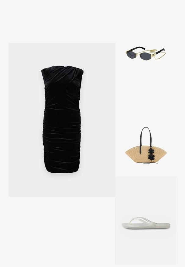 Černé sametové šaty s rukávy typu cap, splývavý design a shromážděná textura po stranách. Délka ke kolenům, hladký povrch a jemný lesk.; Bílé žabky s texturovanou podešví, s tenkými pásky a plochým designem. Vyrobené z gumy s jemným logem na stélce.; Osmiboké sluneční brýle s tmavými čočkami, zlatými kovovými detaily a černými plastovými stranami; obsahují odnímatelný zlatý řetízek.; Slámová kabelka s širokým, vějířovitým designem, černými koženými uchy a černými květinovými akcenty na jedné straně.