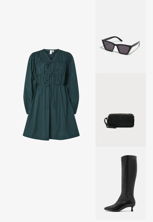 Zöld pamutruha V-kivágással, puffos hosszú ujjakkal, ráncolt felsőrésszel és megkötős részlettel, valamint bővülő szoknyával. Sima textúra.; Zign Csizmák - black; Fekete, szögletes napszemüveg szürke lencsékkel; műanyagból készült, vastag karokkal, sima felülettel és látható hardver nélkül.; Fekete velúr kisestély tasak cipzárral és levehető csuklópánttal. Aranyszínű hardware-rel és sima, matt textúrával rendelkezik.