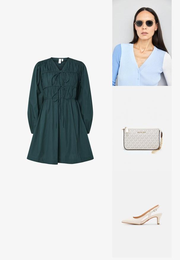 Zielona bawełniana sukienka z dekoltem w serek, bufiastymi długimi rękawami, marszczoną górą z troczkiem oraz rozkloszowaną spódnicą. Gładka faktura.; Biała szpilka slingback z ostrym noskiem, gładkim materiałem wierzchnim, niskim obcasem blokowym oraz wycięciami po bokach i regulowanym paskiem z klamrą.; Okrągłe okulary przeciwsłoneczne z ciemnymi soczewkami i złotymi ramkami. Modelka nosi jasnoniebieski kardigan w prążki z guzikami i białymi rękawami w kontrastowym kolorze.; Portfel na nadgarstek marki Michael Kors w beżowej, pokrytej płótnem, z powtarzającym się wzorem logo MK, złotym okuciem i odpinanym łańcuszkowym paskiem.