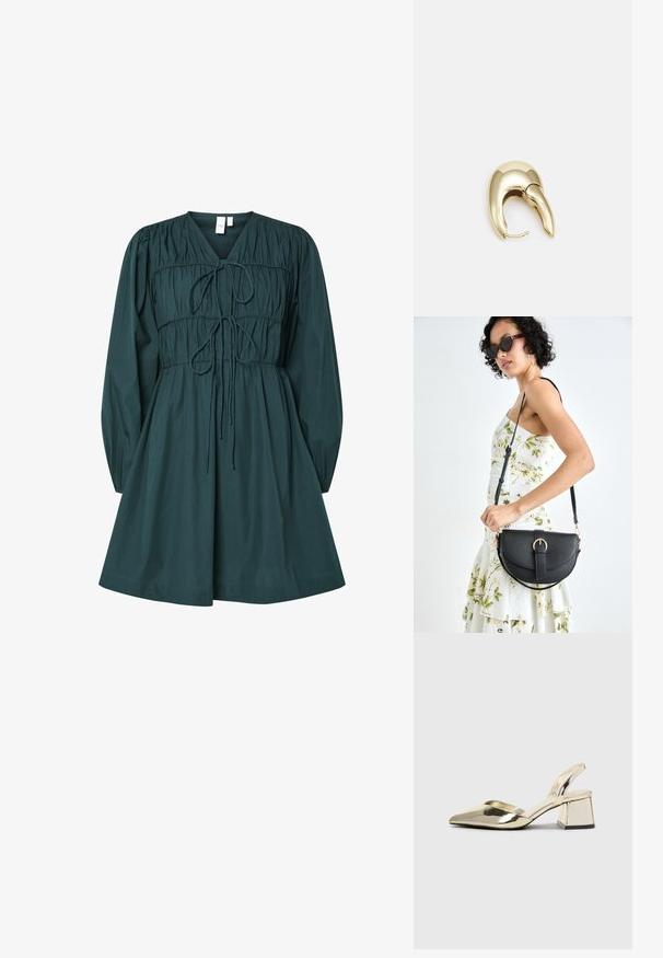 Žalias medvilninis suknelė su V formos iškirpte, pūstomis ilgomis rankovėmis, susirinkusia kūno dalimi su kaklo raiščiu ir platesne sijona. Lygus paviršius.; Auksiniai, metaliniai slingback aukštakulniai bateliai su smailiu pirštu ir masyviu kulnu. Lygus paviršius, minimalizmo dizainas ir siaura juostelė.; Juodas odinis krepšys su išlenkta forma, nuimamu dirželiu ir auksiniais detalėmis. Krepšys turi kilpą su sagtimi.; Aukso tono metalinės auskarai su stilingu, kreiviu dizainu. Išsiskiria ryškiu smailiu pavidalu, poliruota paviršiumi ir užsegimu su vyriu.