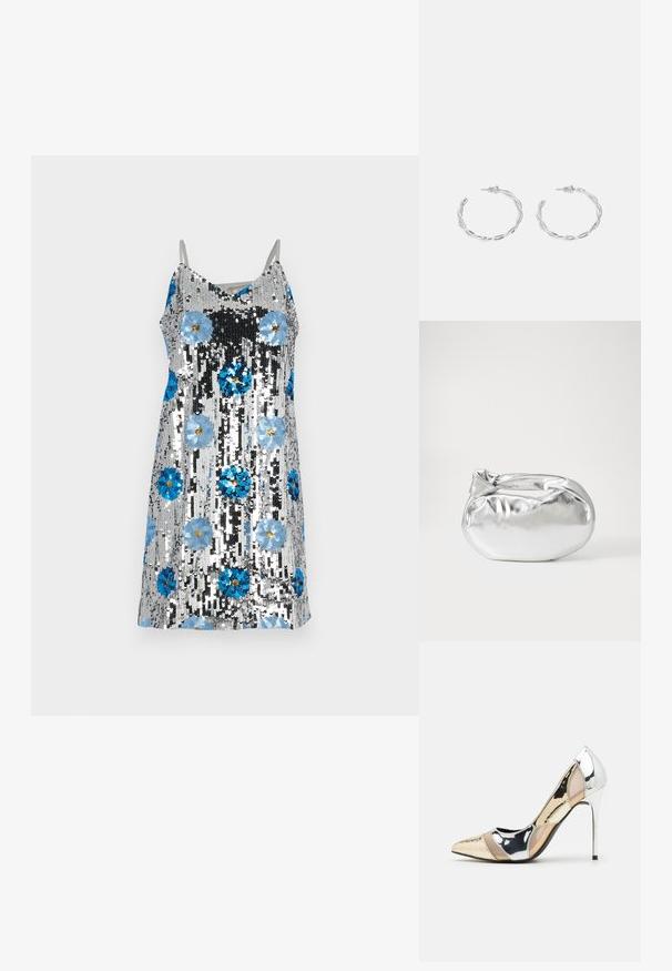 Mirdzoša kleita ar sudraba pamatni, kurai ir lieli zili ziedu raksti un melnas akcenti. Elegants, bez piedurknēm, ar regulējamiem siksnām.; Apspīlēta augstpapēžu kurpe ar zeltītu, sudrabi un neitrālu krāsu kombināciju. Spīguļojoša virsma ar izgriezuma dizainu, aprīkota ar stiletto papēdi.; Sudraba metāliska poga somiņa ar mīkstu, noapaļotu formu un mezgla augšējo aizdari. Izgatavota no gludas mākslīgās ādas materiāla.; Sudraba gredzenveida auskari ar savītu dizainu, kas ir ar pulētu apdari un ar aizmugurēju fiksāciju. Izmērs ir aptuveni 3 cm diametrā.