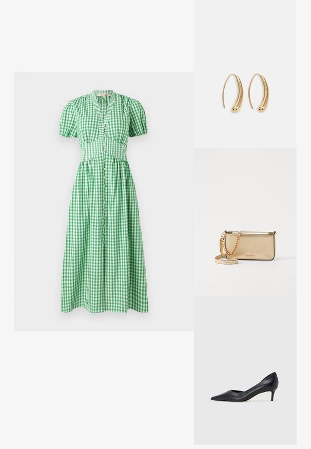 Vestido verde xadrez com mangas curtas bufantes, corpete ajustado e fecho de botão na parte da frente. A saia flui até um comprimento midi.; Sapato de salto alto preto em pele com bico fino e salto baixo. Apresenta uma textura suave e brilho subtil. Corte aberto na parte da frente para um detalhe adicional.; Clutch de couro dourado metálico com um acabamento texturizado, apresentando uma alça de corrente dourada e uma alça de ombro removível. Logotipo da marca em relevo.; Brincos em metal dourado com forma de arco alongado e curvado. Apresentam uma superfície lisa e brilhante, com uma ponta arredondada para um detalhe adicional.