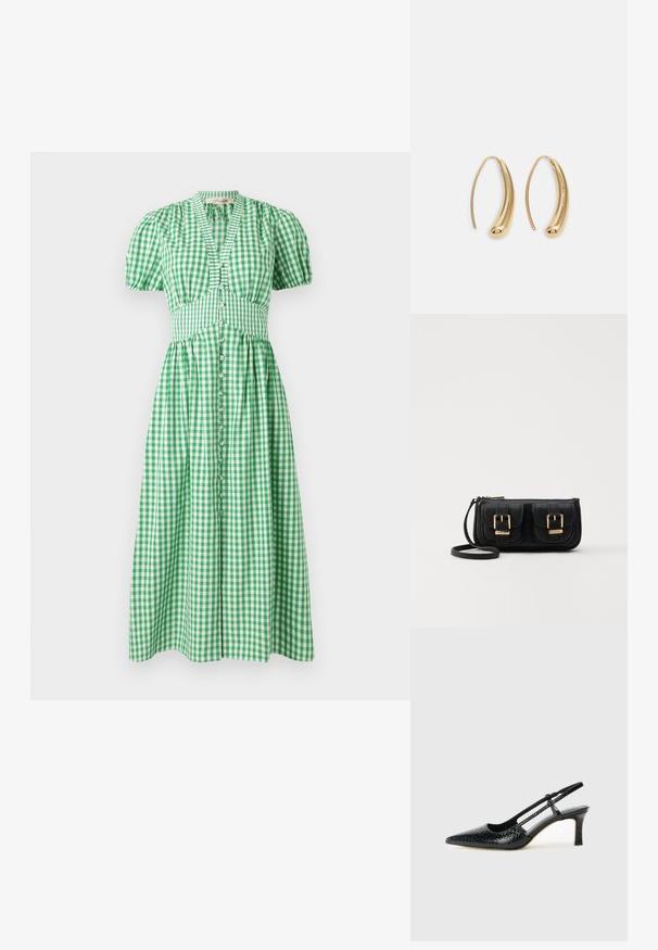 Rochie verde în carouri cu mâneci scurte, fixată pe corp, și închidere cu nasturi pe față. Fusta se lățește într-o lungime midi.; Pantofi cu toc slingback negri din patent, cu vârf ascuțit, cu imprimeu de șarpe texturat, curea ajustabilă și toc scurt texturat.; Geantă neagră din piele, tip crossbody, cu două buzunare frontale, catarame aurii, închidere cu fermoar și o curea subțire. Suprafață texturată și formă rectangulară compactă.; Cercei din metal auriu, cu un design curbat și alungit. Au o suprafață netedă și strălucitoare, cu un vârf rotunjit pentru un detaliu suplimentar.