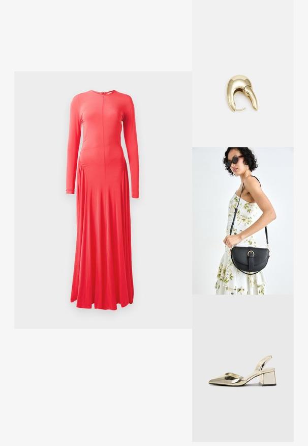 Hosszú ujjú, testhez simuló korall színű ruha, kerek nyakkivágással, oldalsó ráncolással és légies szoknyával. Simogatós, rugalmas anyagból készült.; Arany, fémből készült slingback sarkú cipők hegyes orral és vastag sarokkal. Simaság, minimalista design és keskeny pánt jellemzi.; Fekete bőrtáska ívelt formával, levehető pánttal és arany színű fémrészekkel. A táskán egy csattal díszített fedél található.; Aranyszínű fém fülbevaló, elegáns, ívelt formával. Különleges hegyes alak, fényes felszín és zsanéros záródás jellemzi.