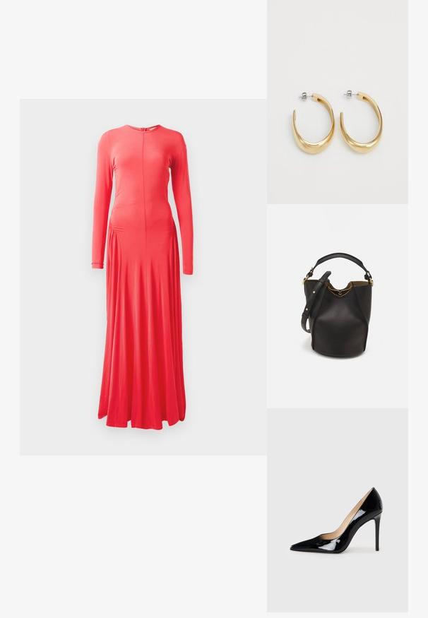 Pika pikad varrukad, keha külge liibuv koralli värvi kleit, ümmarguse kaelusega, küljevolngud ja voolav seelik. Valmistatud siledast, venivast kangast.; Must matte musta kõrge kontsaga king, millel on terav varvas ja sujuv siluett. Omab sileda, läikivat viimistlust ja sale stiletto konts.; Mustast nahkämbriga kott tekstuurses viimistluses, kuldsete metalldetailide aktsentidega ja avatud ülaosaga. Omab lühikest käepidet ja reguleeritavat õlavarre rihma.; Kuldse tooniga kõrvarõngad, millel on sile ja kaarjas disain. Valmistatud metallist, omavad nad stiilset viimistlust ja kinnitust tagaküljelt.