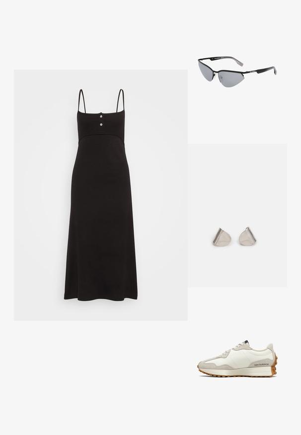 BLANCHE BELLA STRAP DRESS - Džersio suknelė - black; Balti ir smėlio spalvos sportbatų su lygiu odos viršumi ir zomšos detalėmis. Turi apvalias raišteles, minkštą pado įdėklą ir tekstūruotą gumos pado išorinę dalį.; Juodos saulės akiniai su kampuota katės akių forma. Sidabriniai veidrodiniai lęšiai. Ploni, lengvi plastikiniai rėmeliai su subtiliu ženklinimu ant šventyklų.; Sidabriniai metaliniai auskarai su lygiu, ašaros formos dizainu ir blizgiu paviršiumi. Subtilūs raižiniai prideda detalumo. Minimalistinis dizainas.