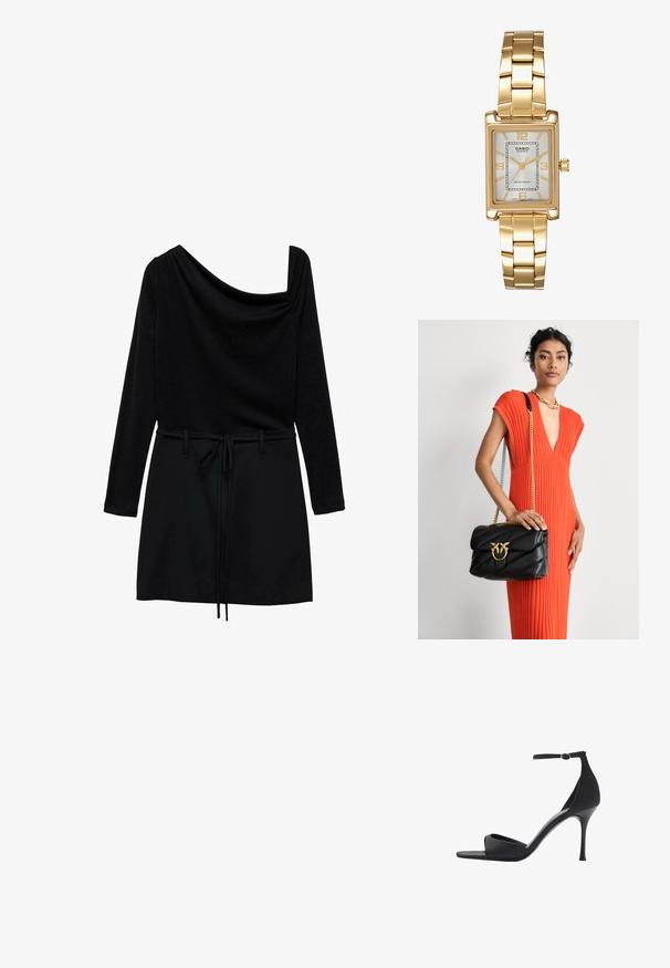 Čierne šaty s drapovaným dizajnom na jedno plece, dlhými rukávmi, nastaviteľným sťahovacím pásom a hladkou textúrou.; Mango Sandále na vysokom opätku - black; Čierna kožená kabelka s prešitým dizajnom a zlatými doplnkami, s dekoratívnou prackou. Taška má reťazový popruh a je držaná v ruke.; Zlatý obdĺžnikový náramkový hodinky s bielym ciferníkom, striebornými indexmi a odolným kovovým náramkom. Obsahuje vodoodolnú funkciu.