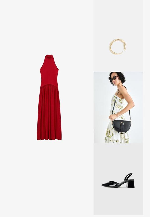 Červené bezrukávové šaty s vysokým výstrihom, priliehavým telom a splývavou sukňou. Vyrobené z mäkkej tkaniny s hladkou textúrou, bez viditeľných vzorov.; Čierne lakované kožené sandálové podpätky s špicatou špičkou a geometrickým blokovým podpätkom. Disponujú elegantným, minimalistickým dizajnom a hladkým povrchom.; Čierna kožená kabelka s zaobleným tvarom, odnímateľným popruhom a zlatými doplnkami. Kabelka má klopu s detailom s prackou.; Prsteň v zlatej farbe s organickým, skrúteným dizajnom, hladkým povrchom a zužujúcimi sa koncami, vytvárajúci moderný, sochársky vzhľad.