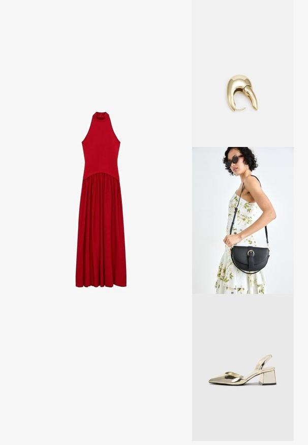Abito rosso senza maniche con scollo alto, corpino aderente e gonna fluente. Realizzato in tessuto morbido con texture liscia, senza motivi visibili.; Tacchi slingback metallici color oro con punta appuntita e tacco grosso. Texture liscia, design minimalista e una cinghia stretta.; Borsa a tracolla nera in pelle con una forma curva, manico rimovibile e accessori dorati. La borsa presenta una patta con un dettaglio a fibbia.; Orecchino in metallo color oro con un design elegante e curvo. Presenta una forma appuntita distintiva, superficie lucida e chiusura a cerniera.
