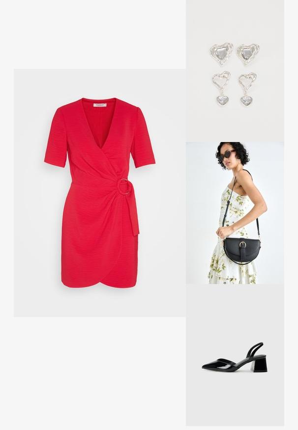 Red short-sleeve dress with a V-neck, wrap design, and a knot detail at the waist, featuring a metal ring accent and textured fabric.; Black patent leather slingback heels with a pointed toe and a geometric block heel. Features a sleek, minimal design and smooth texture.; Black leather handbag with a curved shape, detachable strap, and gold hardware. The bag features a flap with a buckle detail.; Silver heart-shaped earrings feature faceted clear stones, with a textured frame. The set includes stud and drop styles.