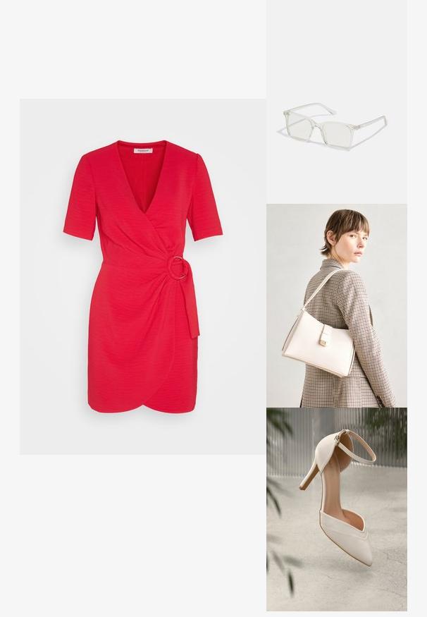 Crvena haljina kratkih rukava s V-izrezom, dizajnom omče i čvorom na struku, s metalnim prstenom kao detaljem i teksturiranom tkaninom.; Bijela visoka potpetica u glatkom materijalu s oštrim vrhom i remenom oko gležnja. Ima svijetlosmeđi unutrašnjost i akcentu u zlatnoj boji.; Prozirne plastične naočale kvadratnog okvira s prozirnim lećama, koje sadrže zlatne akcentne detalje na drškama.; Bijela kožna torba s čvrstim dizajnom, s magnetskim kopčanjem i remenom za rame, prikazana na neutralnoj pozadini.