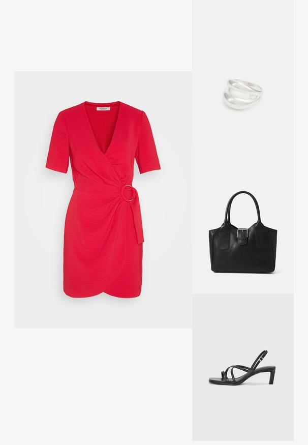 Red short-sleeve dress with a V-neck, wrap design, and a knot detail at the waist, featuring a metal ring accent and textured fabric.; Black strappy sandal with a square toe and a low block heel. Features multiple thin straps and an adjustable ankle strap. Made of smooth leather.; Black leather tote bag with smooth texture, structured shape, two handles, and a prominent silver buckle detail on the front.; Silver double-band ring with a smooth, polished surface. Features a fluid, curved design with overlapping sections for a modern look.; Silver double-band ring with a smooth, polished surface. Features a fluid, curved design with overlapping sections for a modern look.