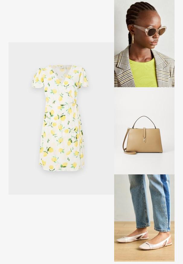 Vestido branco envolvente com mangas curtas e bufantes, apresentando um padrão de limões com frutas amarelas e folhas verdes. Tecido leve com uma textura suave.; Sapatilhas slingback de cor rosa pálido com bico fino, feitas de um material semelhante a couro liso. Apresentam detalhes recortados nas laterais e um salto plano.; Óculos de sol estilo cat-eye claros com lentes castanhas e armação transparente. Modelo a usar uma blusa verde com nervuras e um blazer de tecido xadrez. Brincos em forma de argola dourados.; Tommy Hilfiger LIBRE SATCHEL - Mala de mão - safari