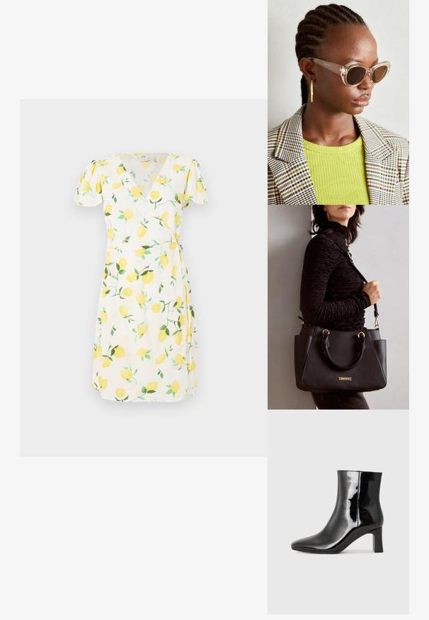 Hvit omslagskjole med korte pufferm, med sitronmønster med gule frukter og grønne blader. Lett stoff med en myk tekstur.; Sorte patentlær ankle boot med spiss tå og en mellomhøy blokkhelt. Glatt tekstur og minimalistisk design.; Klare katteøye-solbriller med brune linser og gjennomsiktige rammer. Modell iført en grønn ribbestrikket topp og rutete blazer. Gull hoop øredobber.; Svart håndveske med teksturert overflate, doble topphåndtak og justerbar skulderrem. Har detaljer i gulltone og sidelommer.
