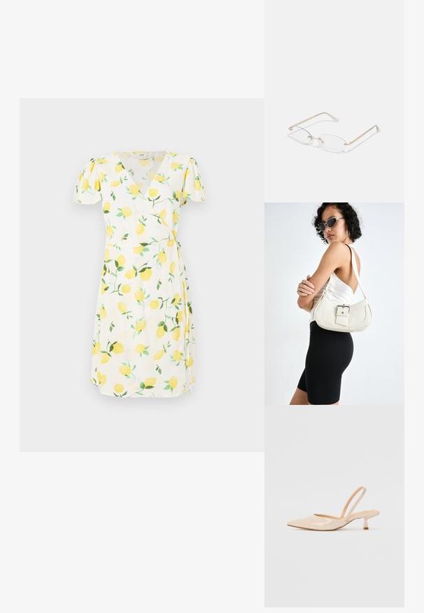 Balta apvalkalo su trumpomis pūstomis rankovėmis, su citrinų raštu, kuriame geltonos vaisių ir žalių lapų motyvai. Lengvas audinys su švelniu tekstūru.; Bežinės patentinės odos slingback kulniukai su smailiu priekiniu kraštu ir prašmatniu kvadratiniu kulnu. Lygus paviršius ir minimalizmo dizainas be puošmenų.; Auksiniai metaliniai akinių rėmeliai su ovaliais lęšiais, plonais šonais ir skaidriais nosies pagalvėlėmis. Yra subtilūs vyriai ir skaidrūs lęšiai.; Balta odinė rankinė su kreiva forma, reguliuojama dirželiu ir mažu sagties akcentu. Modelis vilki priglundančius juodus drabužius.