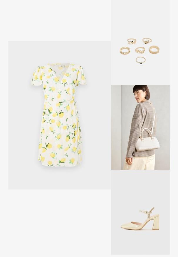 Vestido branco envolvente com mangas curtas e bufantes, apresentando um padrão de limões com frutas amarelas e folhas verdes. Tecido leve com uma textura suave.; Sapato de salto metálico dourado com bico pontiagudo, uma tira no tornozelo com fecho circular e um design de salto grosso. Textura suave.; Bolsa estruturada branca com alças curtas e uma alça de ombro, com detalhes em hardware dourado e material texturizado, exibida contra um fundo cinza.; Conjunto de seis anéis dourados com vários designs: trançados, com motivos de folhas e bandas sólidas; alguns com detalhes em pedras preciosas verdes.