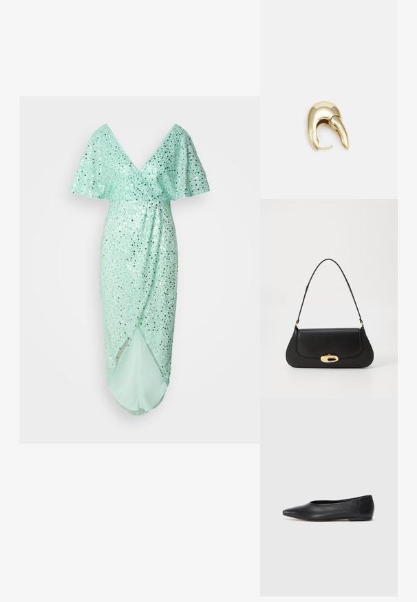 Mátově zelené šaty s výstřihem do V a volánovými rukávy, zdobené stříbrnými flitry. Mají drapovanou siluetu a boční rozparek.; Černé kožené baleríny, špičatá špička, minimalistický design, hladký povrch, nízký podpatek, žádné viditelné kovové prvky nebo ozdoby.; Černá kožená kabelka s zakřiveným designem, zlatými akcenty a horním uchem. Vybavena elegantním zavíráním a hladkým povrchem.; Náušnice ve zlatém tónu z kovu s elegantním zakřiveným designem. Vyznačují se jedinečným špičatým tvarem, lesklým povrchem a závěsem na kloub.
