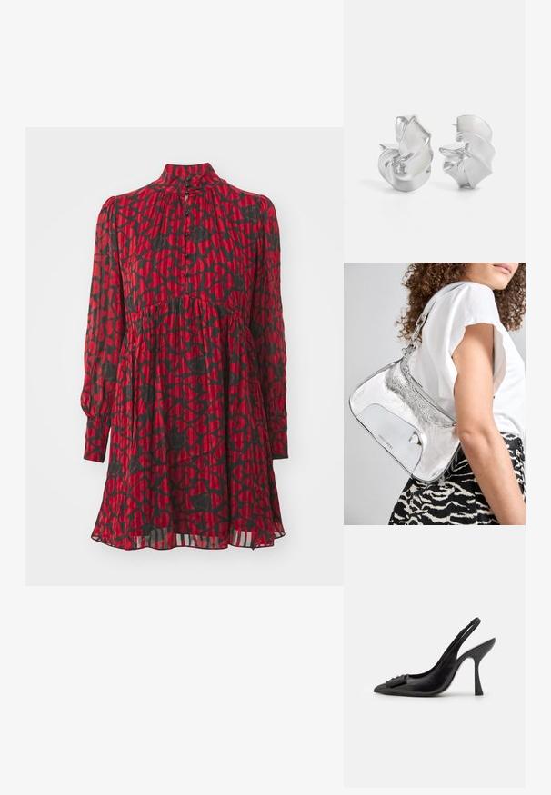Červené šaty s čiernymi srdiečkovými vzormi, vysoký golier, dlhé rukávy, zapínanie na gombíky, zberná páska v páse a splývavý lem s vrstvenou textúrou.; Čierne kožené šľapky so špicatou špičkou, úzkym vysokým opätkom a dekoratívnou mašľou. Hladká textura a elegantný dizajn.; Strieborná metalická kabelka na rameno s hladkou textúrou, zakriveným dizajnom, retiazkou na nosenie a lesklým predným panelom s jemnou gravírovanou logom.; Strieborné náušnice s plynulým, špirálovým dizajnom. Hladký povrch s lešteným finišom. Majú jemný lesk a žiadne viditeľné ozdoby.