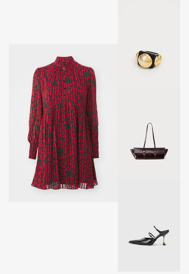 Rochie roșie cu imprimeu cu inimi negre, guler înalt, mâneci lungi, închidere cu butoane, talie strânsă și tiv fluid cu o textură în mai multe straturi.; Pantofii slingback din piele neagră cu vârf ascuțit, dotati cu două curele ajustabile și un toc metalic. Textură netedă și design minimalist.; Geantă de mână din piele rectangulată, de culoare maro închis, cu bretele lungi și două detalii cu catarame aurii pe clapeta frontală.; La Manso SQUARE ICONIC - Inel - black