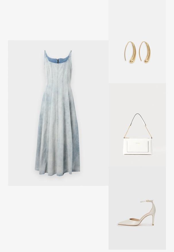 Denimi mekko, jossa on vaaleansininen liukuväri, istuva yläosa, liesottu hame ja näkyvät ompeluyksityiskohdat. Takana vetoketjukiinnitys.; Valkoinen nahkainen korkokenkä, jossa on terävä kärkinen muoto, nilkkaremmi ja kapea korko. Suora pinta, jossa on hienovarainen kiiltävä viimeistely.; Valkoinen nahkalaukku tekstuuripinnalla, jossa on kultaketjuolkaimet ja mustia yksityiskohtia. Mukana etutasku ja vetoketjusulku.; Korvakorut kultasävytteistä metallista, joissa on kaareva, pitkänomainen muoto. Ominaisuuksiin kuuluu sileä, kiiltävä pinta ja pyöreä kärki lisäyksinä.