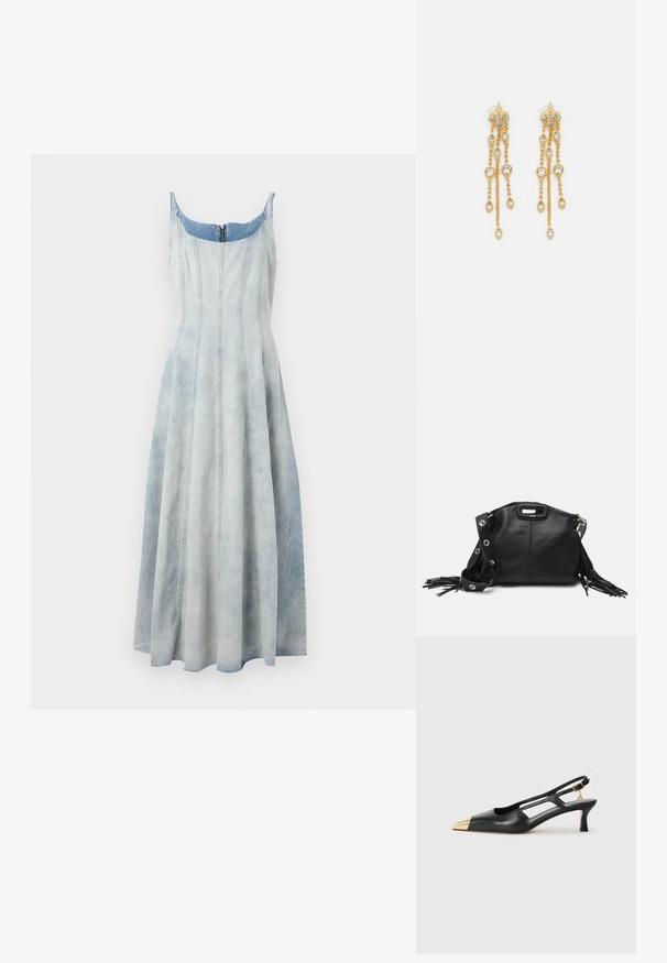 Jeansklänning med en ljusblå gradient, åtsittande liv, utsvängd kjol och synliga sömnadsdetaljer. Dragkedjestängning bak.; Svart läderslingback-sko med spetsig tå och gyllene metallhätta. Har utskärningsdesign och en smal klack med justerbart rem.; Maje MISS MINI - Axelremsväska - noir; Guldtonade örhängen med flera fallande kedjor, prydda med klara ovala rhinestone-accenter och dekorativa stuvar.