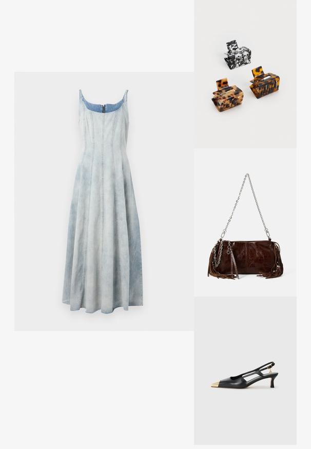 Denimi mekko, jossa on vaaleansininen liukuväri, istuva yläosa, liesottu hame ja näkyvät ompeluyksityiskohdat. Takana vetoketjukiinnitys.; Mustat nahkaiset slingback-kengät, joissa on terävä kärki ja kultainen metallikärki. Ominaisuuksiin kuuluu leikattu muotoilu ja hoikka korko, joka on säädettävällä hihnalla.; Ruskea nahkalaukku, jossa on teksturoitu pinta, hopeinen ketjuolkaintaja, ja ruskeat hapsukoristeet sivuilla. Varustettu vetoketjukiinnityksellä.; Kolme hiusklipsiä: yksi musta-valkoinen marmorikuvio, kaksi kilpikonnakuosisia ruskeassa ja mustassa sävyssä, kaikki kiiltävää muovia ja texturoitua pintaa.