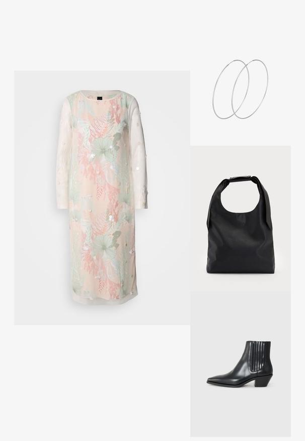 Bloemige jurk in pastelkleuren met lange semi-transparante mouwen, voorzien van borduursels en versieringen. Lichtgewicht stof met een ontspannen pasvorm.; Zwarte leren enkellaars met spitse neus, elastische zijpanelen met verticale groeven en een lage blokhak. Glad oppervlak en slank ontwerp.; Zwarte leren hobo-tas met een enkele, zachte, afgeronde handgreep; heeft een gladde textuur en een minimalistisch ontwerp. Geen zichtbare hardware of accenten.; Zilveren hoepel oorbellen met een minimalistisch ontwerp. Cirkelvormig, gladde textuur en dun profiel. Lichtgewicht met een gepolijste afwerking.