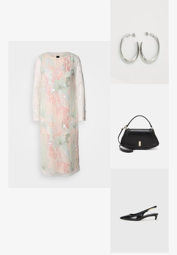 Robe florale en couleurs pastel avec de longues manches transparentes, ornée de broderies et de décorations. Tissu léger avec une coupe décontractée.; Talons hauts en cuir noir avec un bout pointu, dotés d'un talon fin et d'un accent en ton or sur la lanière réglable. Texture lisse.; Sac à main en cuir noir avec un design structuré, featuring une forme cropped, une poignée supérieure et des accents en matériel doré. Bandoulière réglable incluse.; Boucles d'oreilles en argent avec un design lisse et courbé. Présentent une finition métallique brillante et une fermeture à clou. Pas de motifs ou d'accents visibles.