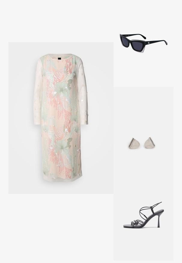 Bloemige jurk in pastelkleuren met lange semi-transparante mouwen, voorzien van borduursels en versieringen. Lichtgewicht stof met een ontspannen pasvorm.; Zwarte hoge hakken sandaaltjes hebben dunne banden met een geknoopt ontwerp, een gladde vierkante neus en een elegante stiletto-hak.; Zwarte oversized zonnebril met een geometrische vorm, voorzien van donkere glazen en een contrasterend grijs detail op het montuur. Logo op de arm.; Zilveren metalen oorbellen met een gladde, druppelvorm en een gepolijste afwerking. Subtiele gravures voegen detail toe. Minimalistisch ontwerp.