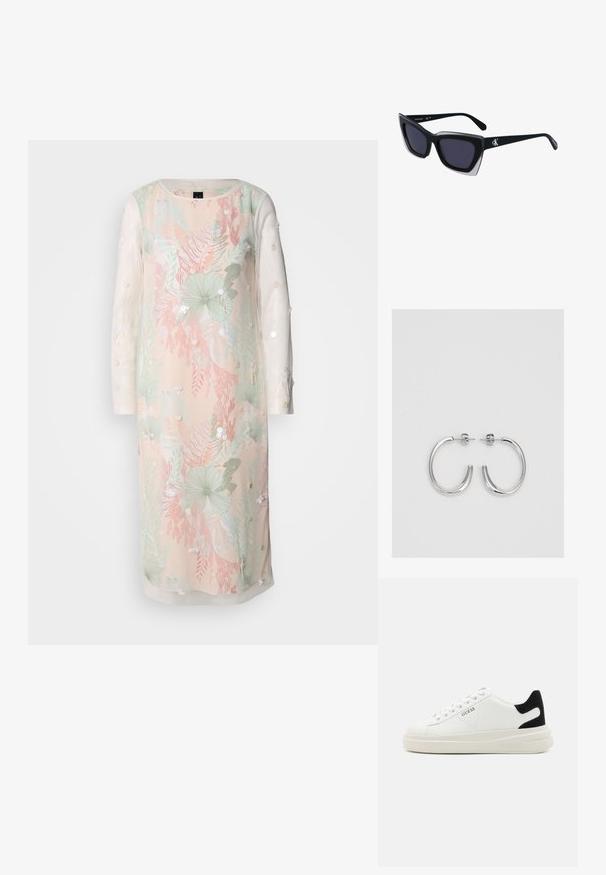 Blomsterkjole i pastelfarver med lange gennemsigtige ærmer, prydet med broderi og dekorative elementer. Letvægts stof med en afslappet pasform.; Hvide lædersneakers med en tyk hvid sål, sort ruskindhælvægt og prægede logoer på siden. Snørebåndsdesign med seks øjer.; Store sorte oversized solbriller med geometrisk form, med mørke linser og en kontrasterende grå detalje på stellet. Logo på armen.; Sølv hoop øreringe med en glat, skinnende overflade. Rundet form, letvægtsdesign med post-back lukning.