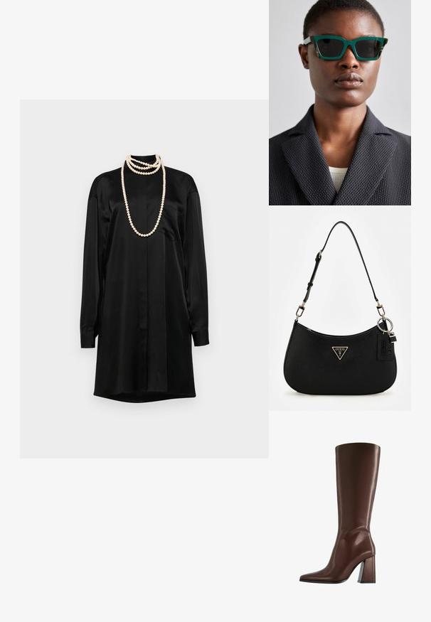 Černé saténové šaty s dlouhými rukávy, klasickým límcem a přední kapsou. Akcentují je vrstvené perlové náhrdelníky.; Hnědá kožená vysoká bota po kolena s hrotitou špičkou a robustním středně vysokým podpatkem, zobrazena z profilu na bílém pozadí.; Zelené sluneční brýle se vzorem a geometrickým rámečkem; tmavé čočky; model má na sobě texturovanou černou sako přes světlý top.; Černá syntetická taška přes rameno s zakřivenou siluetou, strukturovaným povrchem, zlatým trojúhelníkovým logem a odnímatelnými kovovými akcenty.