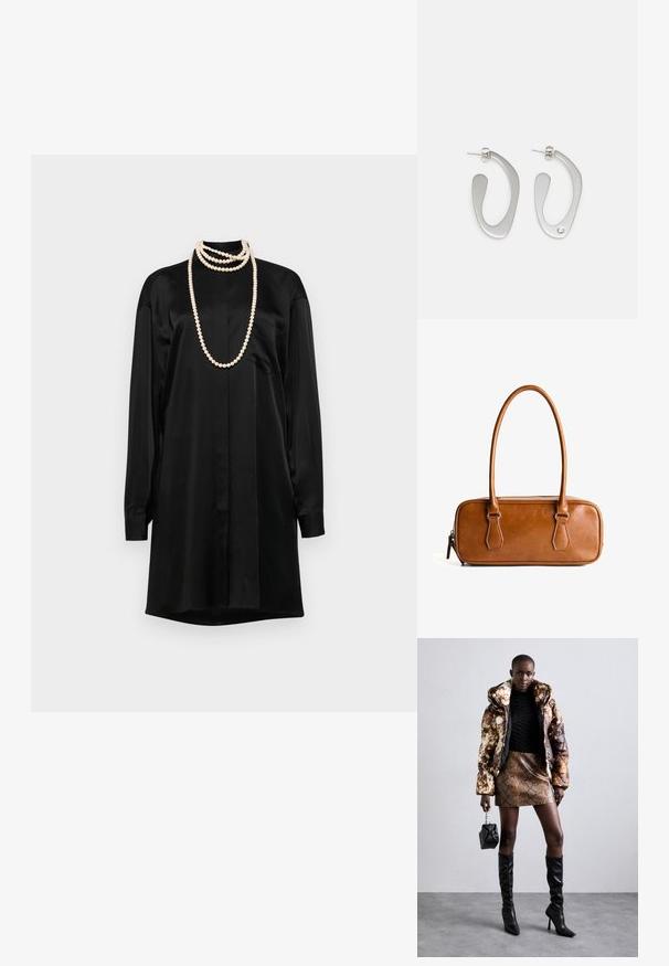 Musta satiinihame pitkähihaisilla, klassisella kauluksella ja etutaskulla. Korostaa kerroksellisia helmikaulakoruja.; Puffer-takki ruskealla ja mustalla kuviolla, yhdistettynä ruskeaan käärmeennahkakuosiseksi mini-hameeseen, mustiin polvimittaisiin saappaisiin ja pieneen mustaan laukkuun.; Ruskea nahkainen käsilaukku, jossa on kaksi pitkää kahvaa, suorakulmainen muoto, sileä pinta, vetoketjukiinnitys ja hopeanväriset yksityiskohdat.; Hopeakosketin korvakorut, joissa on virtaava, abstrakti muoto ja kiiltävä pinta. Yksi niistä on korostettu pienellä kristallitwistillä.