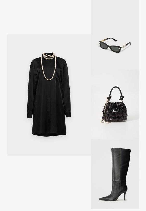 Rochie din satin negru cu mâneci lungi, guler clasic și o buzunar frontal. Include coliere din perle suprapuse ca accente.; Botă înaltă din piele neagră, cu vârf ascuțit și toc subțire, textură netedă, profil lateral pe un fundal neutru.; Swarovski Ochelari de soare - black; Geantă mini neagră cu paiete, cu un umar texturat înnodat și un lanț argintiu. Formă rotundă cu partea de sus adunată și detalii reflectorizante.