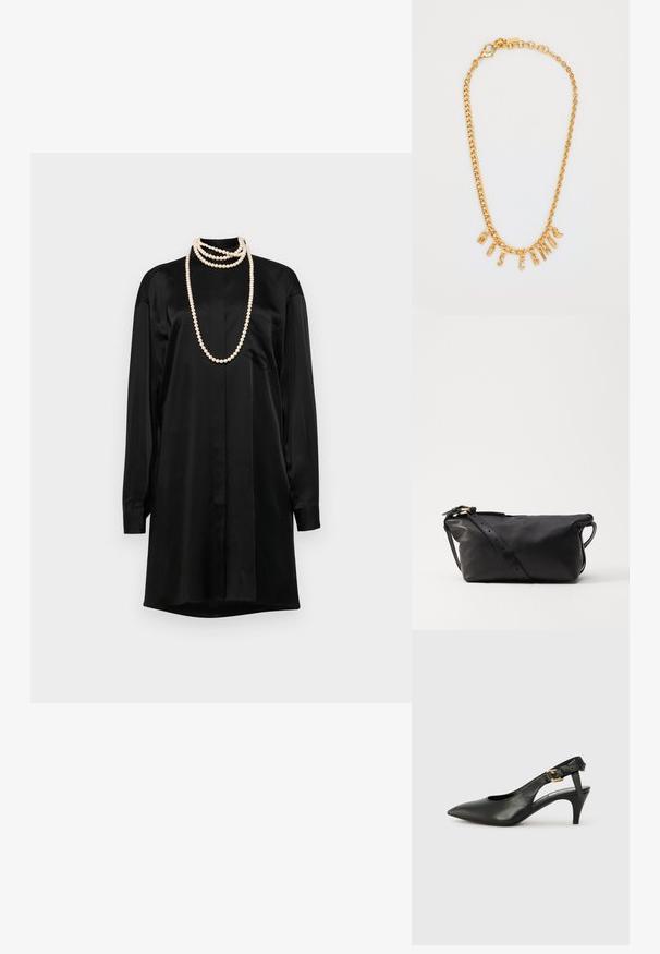 Juodas satino suknelė marškiniai su ilgomis rankovėmis, klasikinis apykaklė ir priekinė kišenė. Yra dėtinių perlų karoliai kaip akcentai.; Juodas odinis slingback kelnaitė su smailiu pirštu, mažu kulnu ir sagtimi ant kulkšnies dirželio. Lygus paviršius, minimalus dizainas.; Juodas odinis krepšys su minkšta, stačiakampio forma. Yra nuimama dirželis su reguliuojamomis skylutėmis ir auksinės spalvos užsegimu. Lygus paviršius.; Auksinė grandinėlė su pakabuku, ant kurio užrašytas žodis "MOSCATO." Lygi tekstūra, su vėrinukų užsegimu ir skirtingų dydžių grandinėmis.