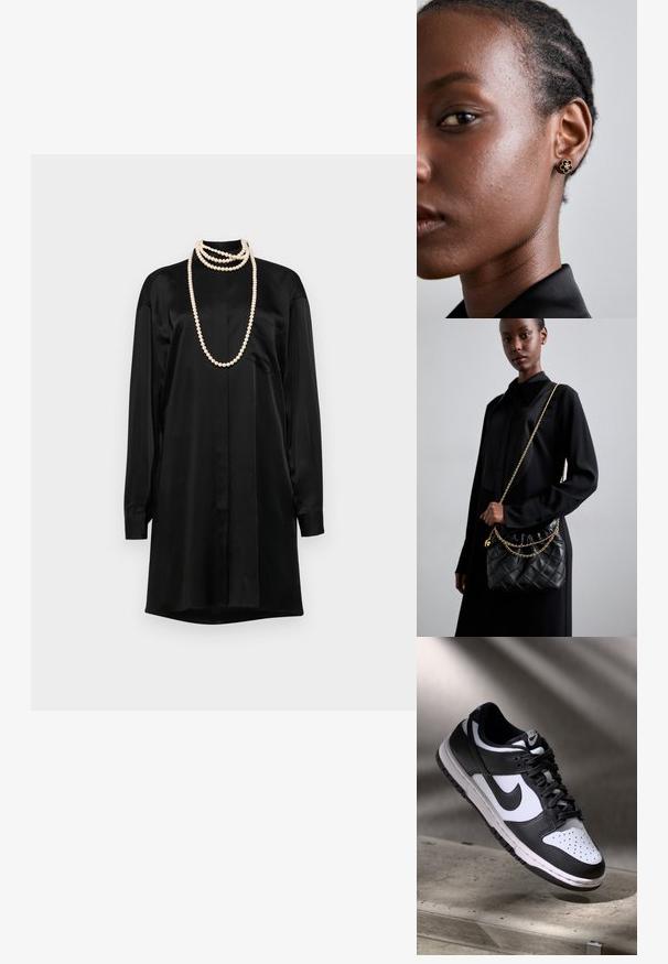 Robe chemise en satin noir avec manches longues, un col classique et une poche avant. Présente des colliers de perles superposés comme accents.; Sneaker Nike Dunk Low en noir et blanc avec tige en cuir, boîte à orteils perforée et lacets noirs, dotée d'une semelle blanche et d'accents de logo.; Sac à main en cuir matelassé noir avec un dessus froncé, une bandoulière en chaîne dorée et une forme rectangulaire, tenu contre un fond uni.; Les boucles d'oreilles en fleur dorée présentent un centre noir texturé et des détails délicats. La peau claire et les cheveux tressés du modèle sont visibles de profil.