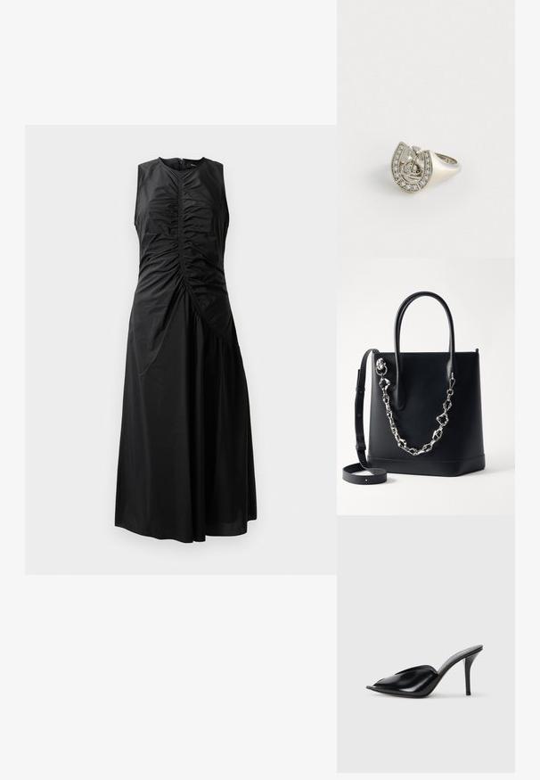 Czarna sukienka bez rękawów z marszczeniem, dopasowanym topem, rozkloszowanym dołem i zamkiem błyskawicznym z boku. Wykonana z gładkiego, lekkiego materiału.; Czarne skórzane mule na wysokim obcasie z odkrytym palcem, w szpiczastym designie, gładkiej teksturze i smukłym obcasie szpilce.; Czarna skórzana torba typu tote o strukturalnym designie, z akcentem w postaci srebrnego łańcucha i podwójnymi uchwytami. Zawiera odczepiany skórzany pasek.; Srebrny pierścień w kształcie podkowy, ozdobiony małymi przezroczystymi kamieniami wzdłuż zewnętrznej krawędzi oraz centralnym wzorem w kształcie krzyża.
