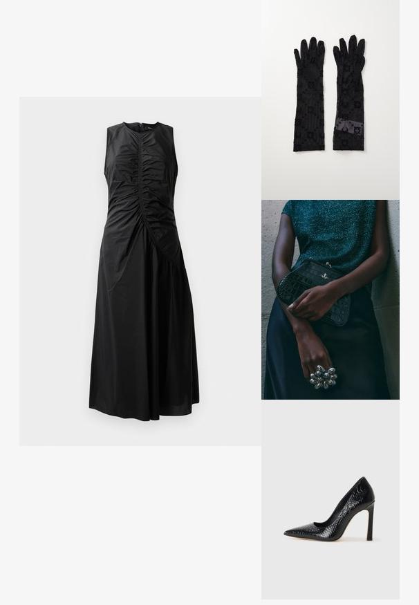 Rochie neagră fără mâneci, cu detalii pliate, cu un corset ajustat, fustă în formă de A și închidere cu fermoar lateral. Confeționată dintr-un material fin și ușor.; Pantofii cu toc înalt, ascuțiți, de culoare neagră, cu textură de piele de crocodil, având un design elegant, toc în stil stiletto și interior neted de culoare neagră.; Geantă de umăr de tip clutch, cu model de crocodil negru și detalii din metal argintiu, sprijinită pe un fundal texturat gri. Prezintă o suprafață lucioasă.; Mănuși negre dintr-o țesătură transparentă, cu modele florale și circulare texturate. Design lung, cu o finisare netedă și detalii cu etichetă pe o mănușă.