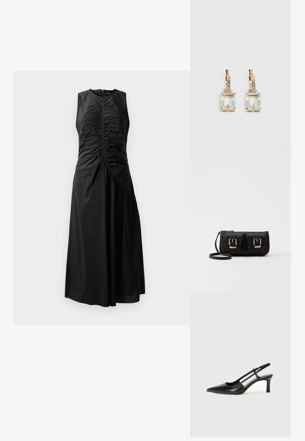 Juoda be rankovių suknelė su susiraukšlėjimais, pritaikytu korpusu, A formos sijonu ir šoniniu užtrauktuku. Pagaminta iš lygaus, lengvo audinio.; Juodai lakuoti slingback aukštakulniai su smailiu nosiu, su tekstūruotu gyvatės raštu, reguliuojama juosta ir trumpu, tekstūruotu blokiniu kulnu.; Juodas odinis per petį nešiojamas krepšys su dviem priekiniais kišenėmis, auksiniais sagtimis, užtrauktuko uždarymu ir siauromis petnešomis. Textūruota paviršius ir kompaktiškas stačiakampis formatas.; Auksinės spalvos auskarai, kuriuose yra stačiakampis, skaidrus kristalas, kabantis po eile mažų, apvalių skaidrių akcentų. Šiuolaikiškas, modernus dizainas.