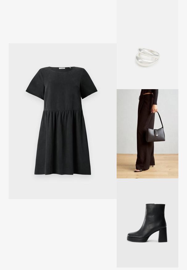 Crna haljina kratkih rukava s okruglim izrezom, teksturiranim materijalom i nabranim strukom, stvarajući lepršavu siluetu.; Crna kožna čizma do gležnja s blok petom i platformom, prikazana s bočne strane na jednostavnoj bijeloj pozadini.; Crna torba s oblikom koji sadrži strukturu, glađu teksturu i metalnu kopču. Uparena s širokim crnim hlačama i sandalama na otvorenom s drvenog poda.; Srebrna dvostruka prsten s glatkom, poliranom površinom. Karakterizira ga fluidan, zakrivljen dizajn s preklapajućim sekcijama za moderan izgled.