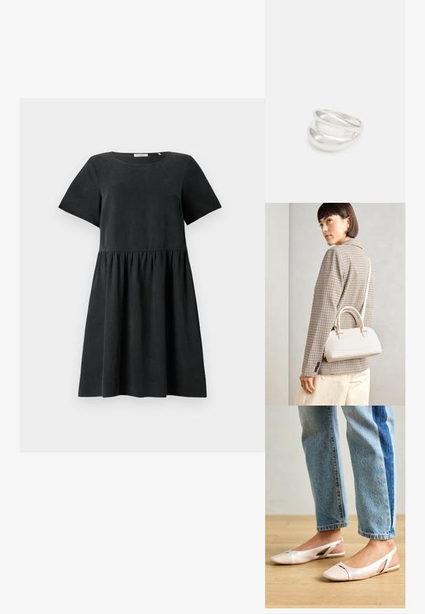 Čierne šaty s krátkym rukávom a okrúhlym výstrihom, textúrovaná tkanina a riasený pás, vytvárajúci rozšírený siluetu.; Svetloružové slingback baleríny s jemne špicatou špičkou, vyrobené z hladkého materiálu pripomínajúceho kožu. Majú výrezové detaily na stranách a plochý opätok.; Biela štruktúrovaná kabelka s krátkymi rúčkami a ramenným popruhom, s zlatými kovovými prvkami a textúrovaným materiálom, vystavená na šedom pozadí.; Strieborný prsteň s dvojitým pásikom s hladkým, lesklým povrchom. Má plynulý, zakrivený dizajn s prekryvajúcimi sa časťami pre moderný vzhľad.