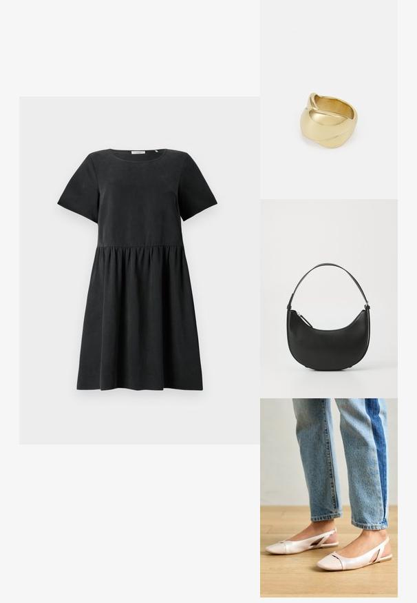 Čierne šaty s krátkym rukávom a okrúhlym výstrihom, textúrovaná tkanina a riasený pás, vytvárajúci rozšírený siluetu.; Svetloružové slingback baleríny s jemne špicatou špičkou, vyrobené z hladkého materiálu pripomínajúceho kožu. Majú výrezové detaily na stranách a plochý opätok.; Čierna kožená taška na rameno s zakriveným tvarom, úzkym držadlom a zipsovým uzáverom. Má hladkú textúru a jemný detail loga.; Zlatá prstene s hladkým, skrúteným dizajnom. Má lesklý povrch a zaoblené okraje, čím vytvára bezproblémový, plynulý tvar.