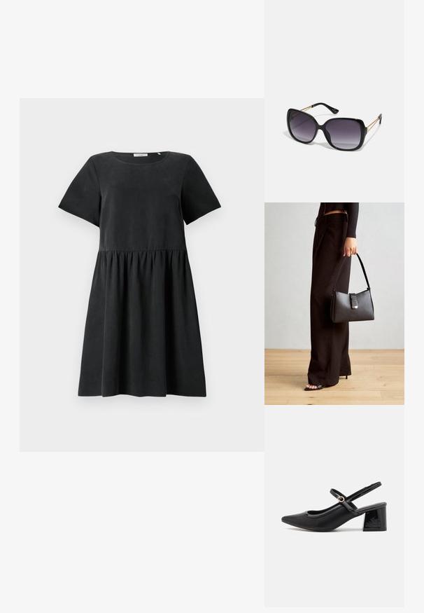 Černé šaty krátkého rukávu s kulatým výstřihem, strukturovanou tkaninou a nařaseným pasem, vytvářející rozšířenou siluetu.; Černé lakované lodičky s otevřenou patou, špičatou špičkou, zaobleným střihem a blokovým podpatkem. Zdobené akcentem v zlatém tónu.; Černé oversized sluneční brýle se gradientními skly, silnými rámy a zlatými řetízkovými detaily na nožičkách.; Černá kabelka se strukturovaným tvarem, hladkým povrchem a kovovým uzávěrem. Kombinována s širokými černými kalhotami a sandály s otevřenou špičkou na dřevěné podlaze.